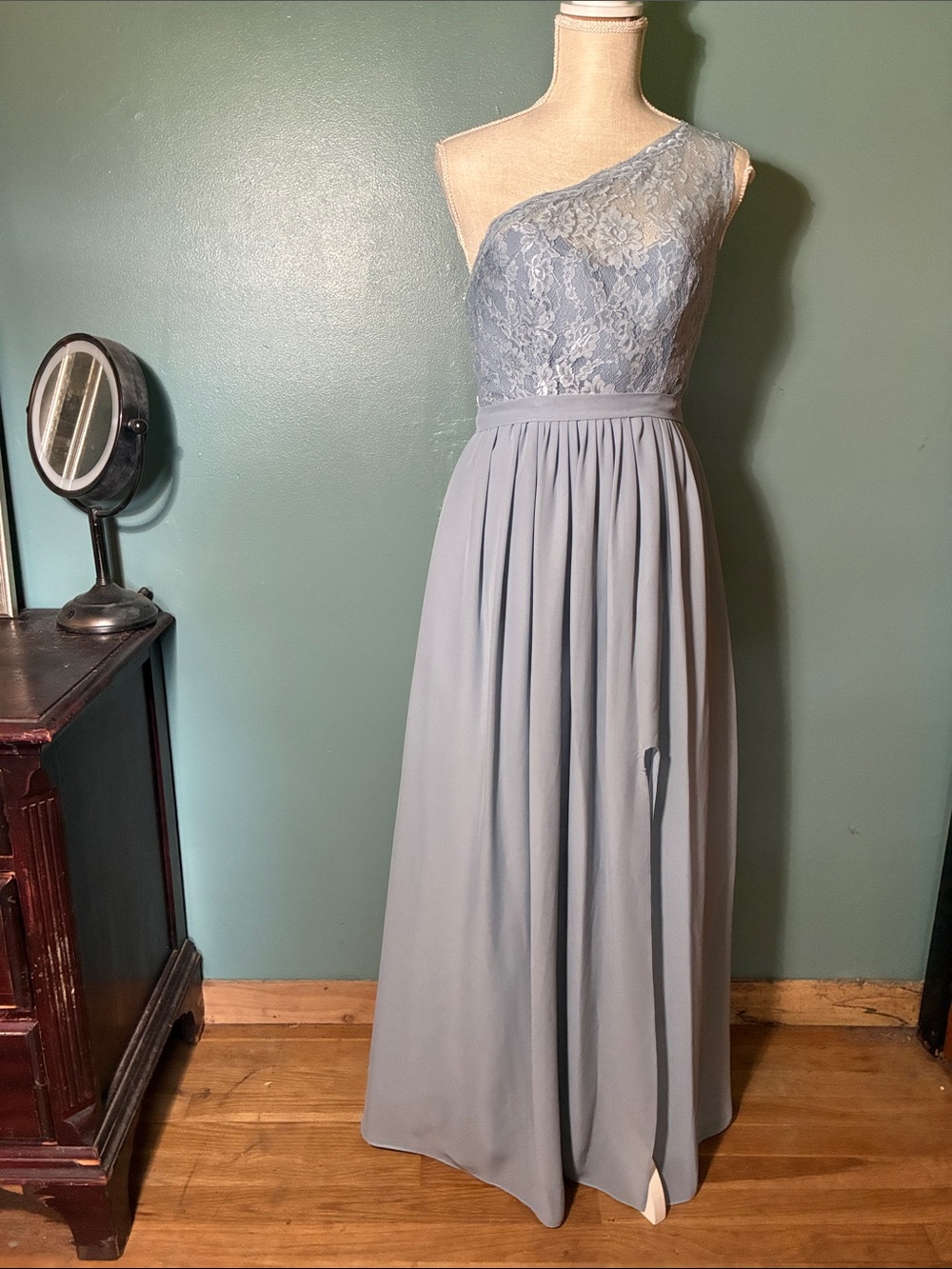 One-Shoulder Lace Bodice Maxi Dress in Dusty Blue